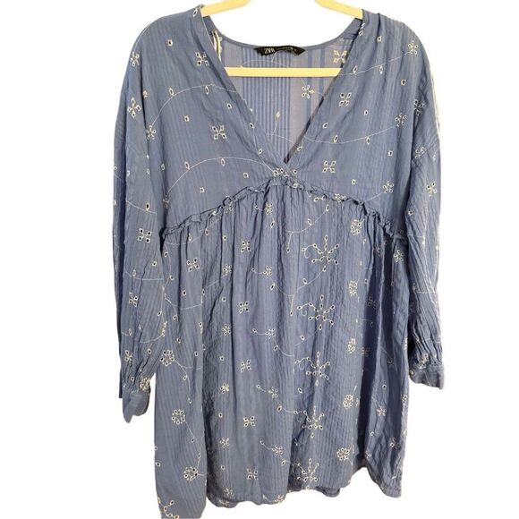 Zara Blue & White Short Embroidered Floral Tunic Flowy Dress Size S - Picture 11 of 13